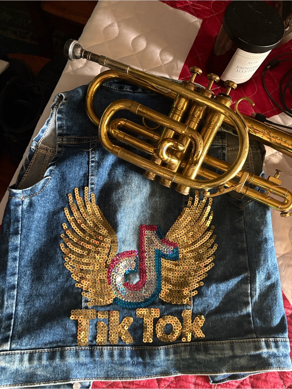 Classic Brass-Tone Star Button on Denim Tik Tok Vest with tons of bling!